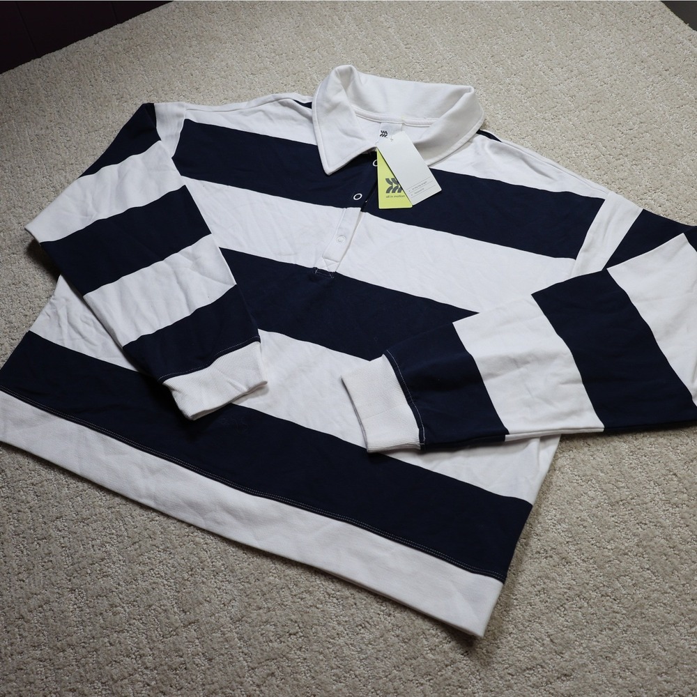 All In Motion Women XXL Modal French Terry Polo Sweatshirt Navy Blue Stripe